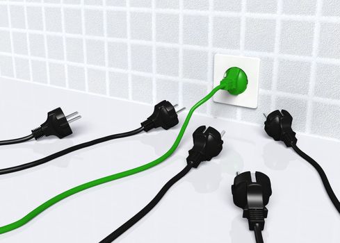 ecological green plug is connected to a white socket placed on the wall instead of others traditional plugs that are waiting on the ground