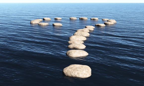 a path in the shape of question mark made of stones above the surface of deep water, in a sunny day.