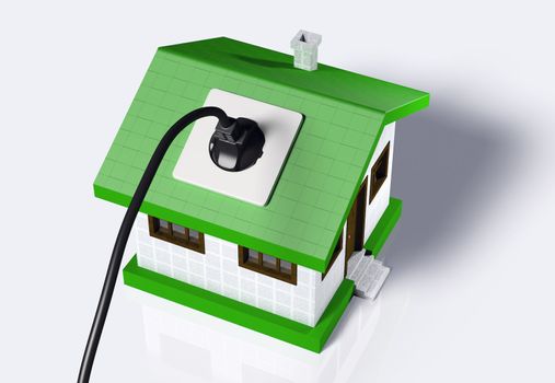 a small house with a socket on the roof is connected to a black cabled plug. On a white background