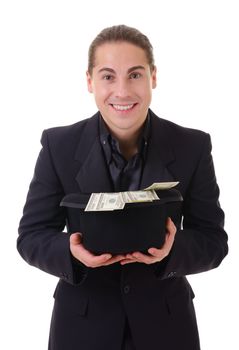 Smiling man with paper money cash in a hat isolated on white background
