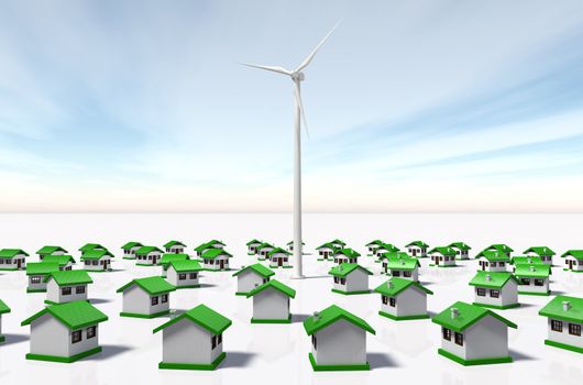 a wind generator is placed in the middle of rows of small houses arranged in concentric circles and look at it, on a white ground and a cloudy sky