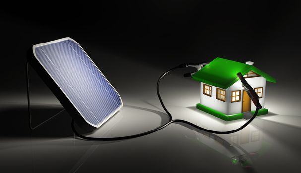 a squared solar panel illuminated by a light is supplying energy to a small house with two terminals connected on the roof. On a dark background