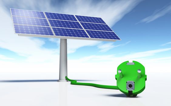 closeup of a green plug connected with a green wire to a solar panel, on a white ground and a blue sky with some clouds