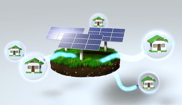 three solar panels on a grassy rounded clod of earth are supplying homes inside of the spheres, with some energy beams