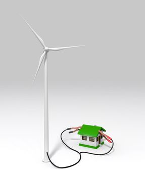 a wind generator is supplying energy to a small house with two terminals connected on the roof. On a white ground