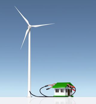 front view of a wind generator that is supplying energy to a small house with two terminals connected on the roof. On a white ground and a blue sky