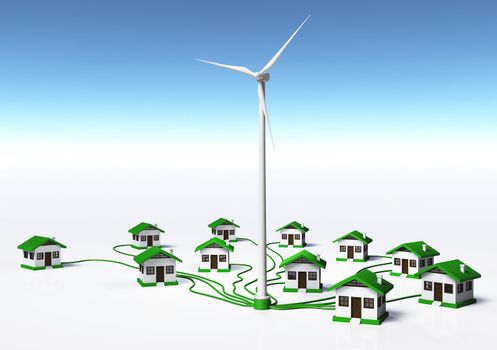 a wind generator is supplying small homes by connecting them with green cables, on a white ground and a blue sky