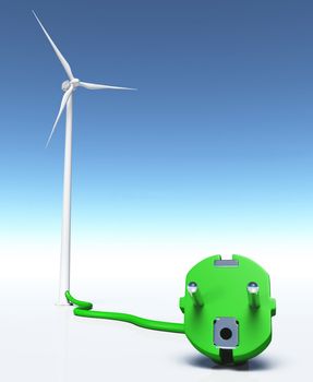 closeup of a green plug connected with a green wire to a wind generator, on a white ground and a blue sky