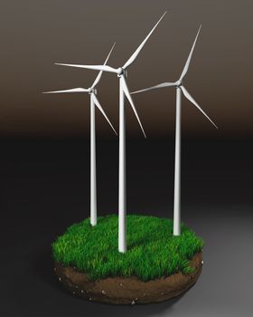 three wind generators on a grassy round clod of earth isolated on a dark background.