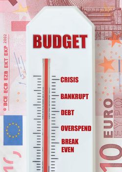 Budget concept with thermometer on top of euro banknotes