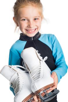 Little girl with skates isolated on white background