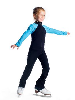 Little girl on skates isolated on a white background