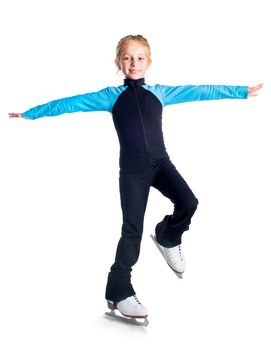Little girl on skates isolated on a white background
