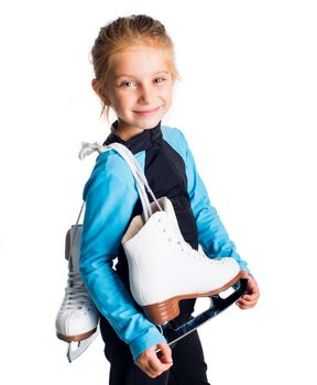 Little girl with skates isolated on white background