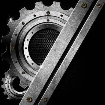 Two Metallic gears on hexagon grid texture - Industrial Background
