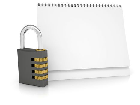 Combination lock and desk calendar. Isolated render on a white background