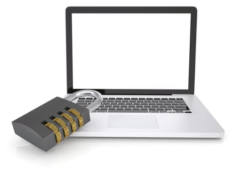 Combination lock on laptop. Isolated render on a white background