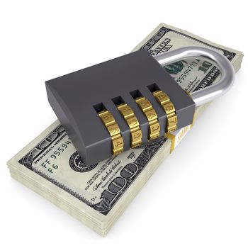 Combination lock on a pack of dollars. Isolated render on a white background