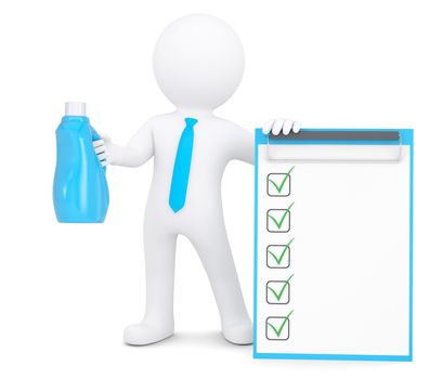 3d man with bottle of household chemicals and checklists. Isolated render on a white background