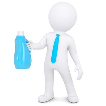 3d white man with a bottle of household chemicals. Isolated render on a white background