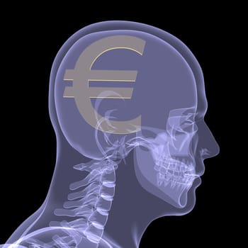 Gold euro in head. X-ray render isolated on a black background