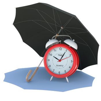 Umbrella covers the alarm clock. Isolated render on a white background