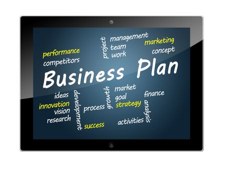 Tablet PC with Business Plan wordcloud concept