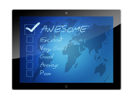 Tablet PC with Rating - assessment checkbox concept on blue background with world map