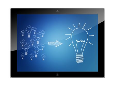 Tablet PC with creativity concept to manage good ideas on blue background