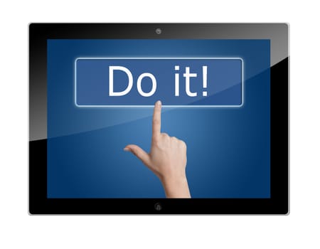 Tablet PC with Woman hand pressing a button with word " do it! " on blue background