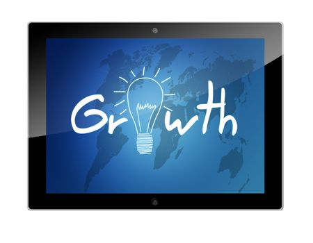 Tablet PC with Growth illustration on blue background with world map