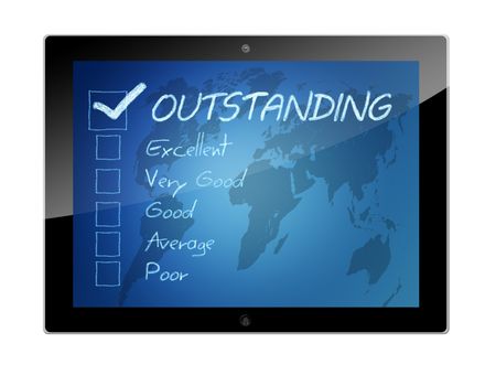 Tablet PC with Rating - assessment checkbox concept on blue background with world map