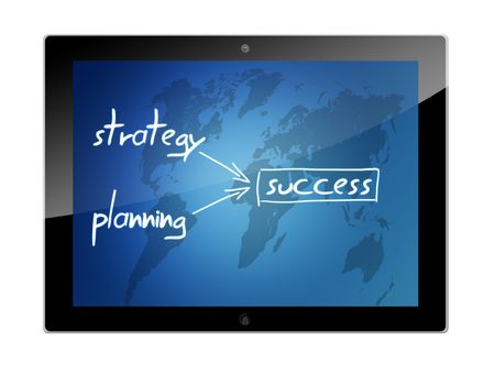 Tablet PC with concept of strategy and planning result in success on blue background with world map