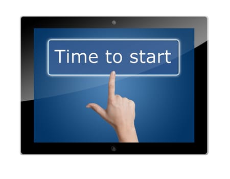 Tablet PC with Woman hand pressing a button with word " Time to start " on blue background