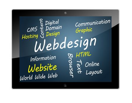 Tablet PC with Webdesign wordcloud concept illustration