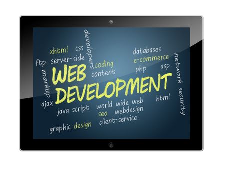 Tablet PC with Web Development wordcloud concept Illustration