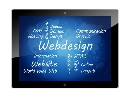 Tablet PC with Webdesign wordcloud concept illustration