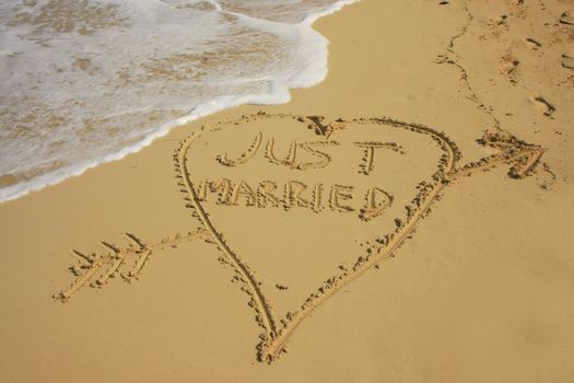 "Just married" written in sand on a beach