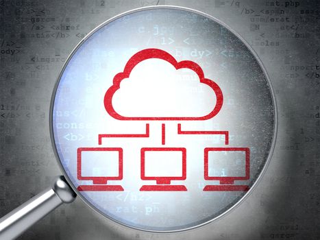 Magnifying optical glass with Cloud Network icon on digital background, 3d render