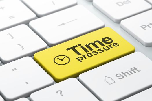 Time concept: computer keyboard with Clock icon and word Time Pressure, selected focus on enter button, 3d render