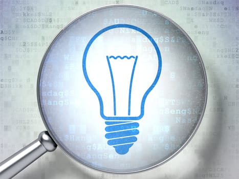 Magnifying optical glass with Light Bulb icon on digital background, 3d render