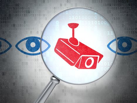 Magnifying optical glass with Camera And Eye icons on digital background, 3d render