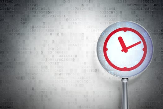 Magnifying optical glass with Clock icon on digital background, empty copyspace for card, text, advertising, 3d render