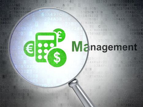 Magnifying optical glass with Calculator icon and Management word on digital background, 3d render