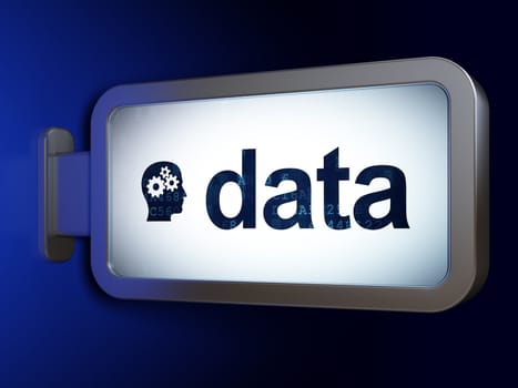 Information concept: Data and Head With Gears on advertising billboard background, 3d render
