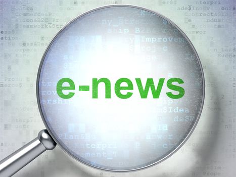 Magnifying optical glass with words E-news on digital background, 3d render