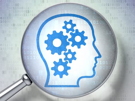 Magnifying optical glass with Head With Gears icon on digital background, 3d render