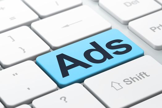 Advertising concept: computer keyboard with word Ads, selected focus on enter button background, 3d render