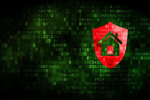 Safety concept: pixelated Shield icon on digital background, empty copyspace for card, text, advertising, 3d render