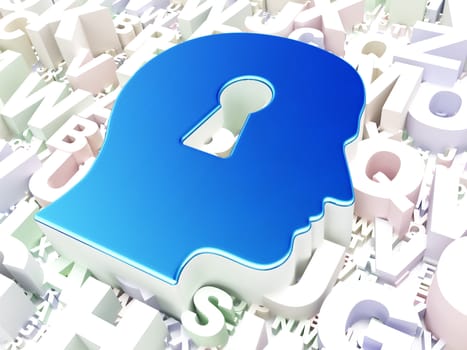 Education concept: Head Whis Keyhole on alphabet background, 3d render